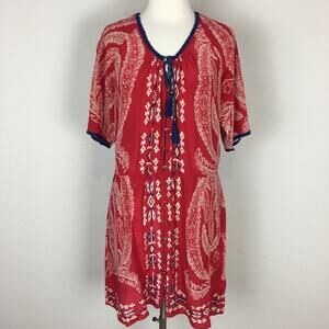 Plenty Tracy Reese Red Silk Short Sleeve Peasant Shift Dress Small